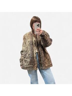 Vintage Silk Leopard Print Jacket M Quilted Y2K Oversized